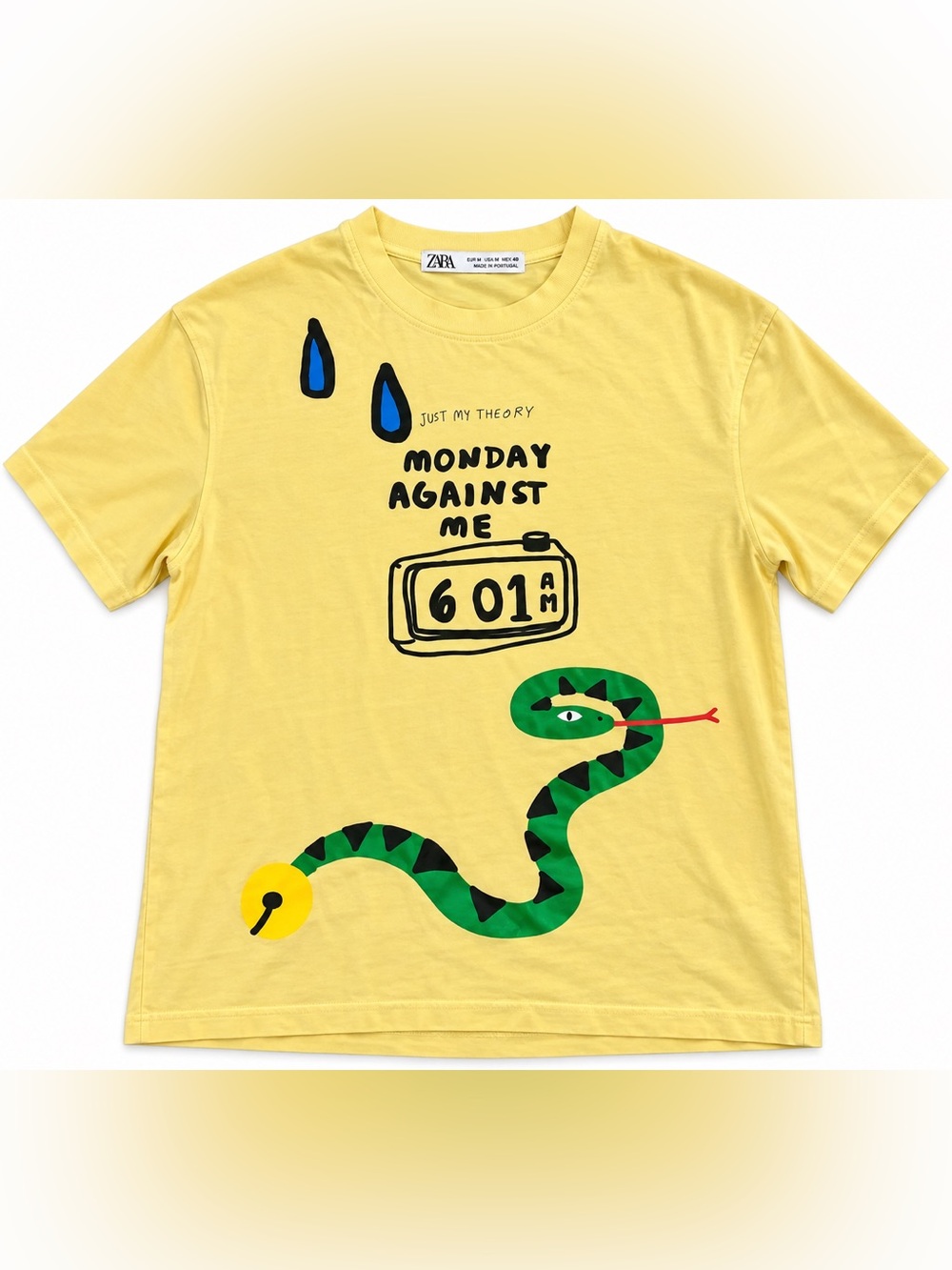 ZARA Men’s Medium Yellow Graphic T-Shirt Untold Secrets Snake Bird Portugal